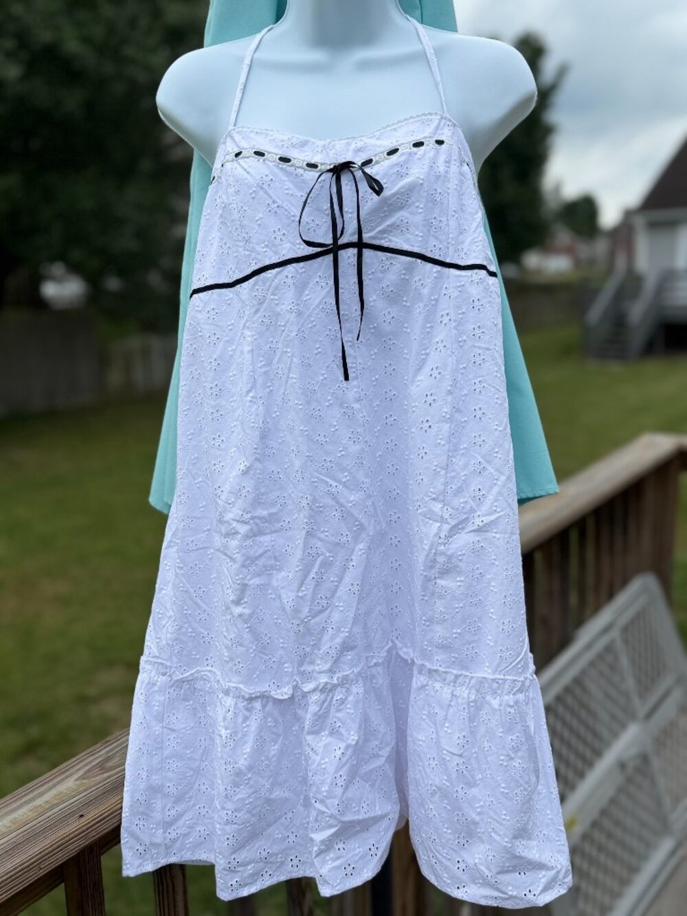 Jolie & Joy White Eyelet Bow Mini Dress Coquette Cottagecore Fairycore L 3596